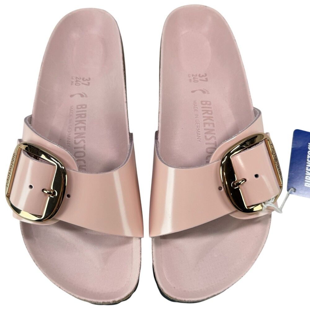 Birkenstock Madrid Big Buckle High Shine Patent Leather Slide Sandals Rose EU 38
